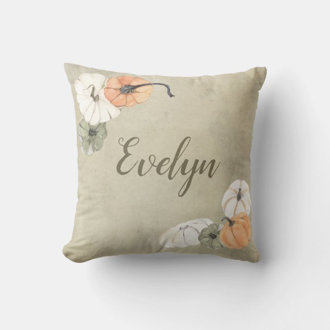 Rustic Autumn White, Orange Pumpkins Personalised Cushion (Front)