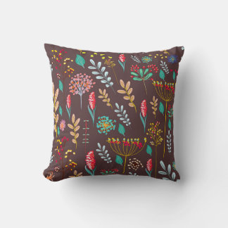 Rustic Autumn Wildflower Meadow on Chocolate Brown Cushion