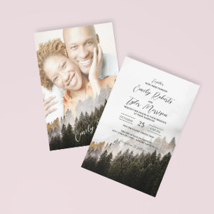 ©Rustic Autumn Woodland Forest Pine Photo Wedding  Invitation