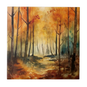 Rustic Autumn Woodland Watercolor Tree Pattern Ceramic Tile
