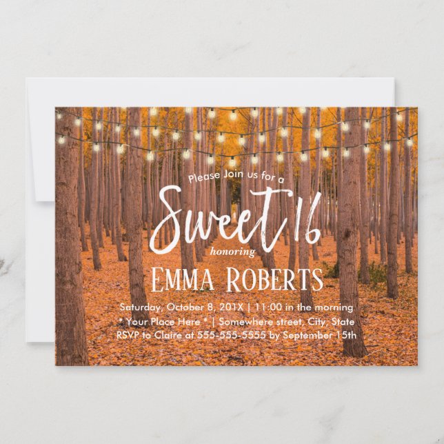 Rustic Autumn Woods String Lights Sweet 16 Invitation (Front)