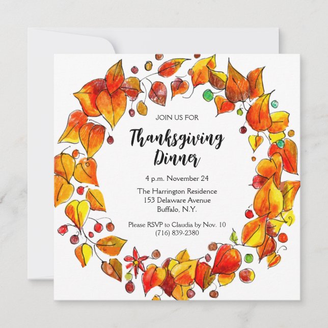 Rustic Autumn Wreath Colourful Thanksgiving Dinner Invitation (Front)