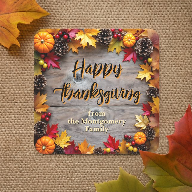 Rustic Autumn Wreath Happy Thanksgiving Square Sticker (Creator Uploaded)