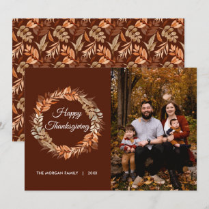 Rustic Autumn Wreath Leaves Thanksgiving Photo Holiday Card