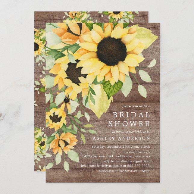 Rustic Autumn Yellow Sunflower Bridal Shower Invitation (Front/Back)