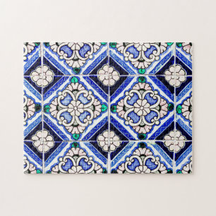 Rustic Azulejo Spanish Pattern Tiles Navy White Jigsaw Puzzle