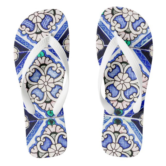 Rustic Azulejo Spanish Pattern Tiles Navy White Thongs (Footbed)