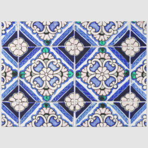 Rustic Azulejo Spanish Pattern Tiles Navy White Tissue Paper