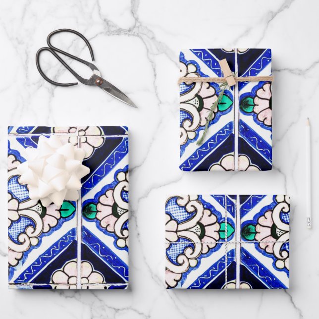 Rustic Azulejo Spanish Pattern Tiles Navy White Wrapping Paper Sheet (Front)