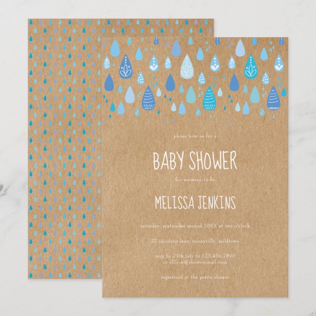 Rustic Baby Blue Raindrops Baby Shower / Sprinkle Invitation (Front/Back)