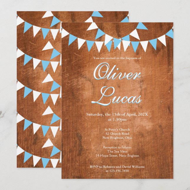 Rustic Baby Boy Blue Bunting Baptism Christening Invitation (Front/Back)