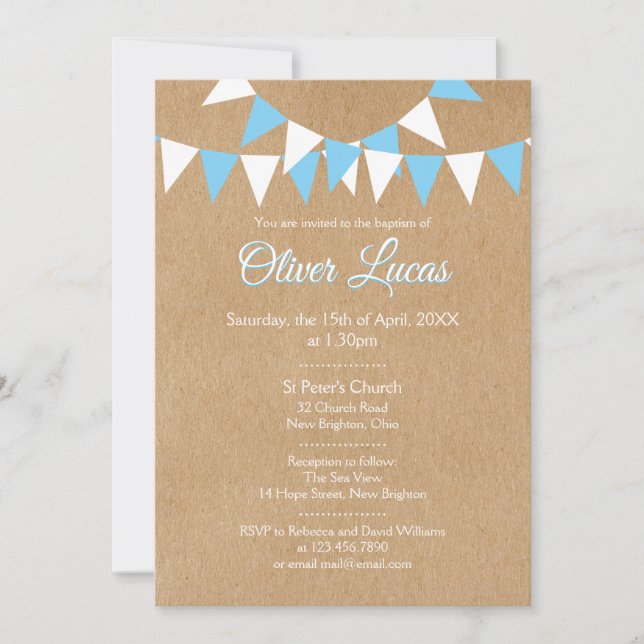 Rustic Baby Boy Blue Bunting Baptism Christening Invitation (Front)