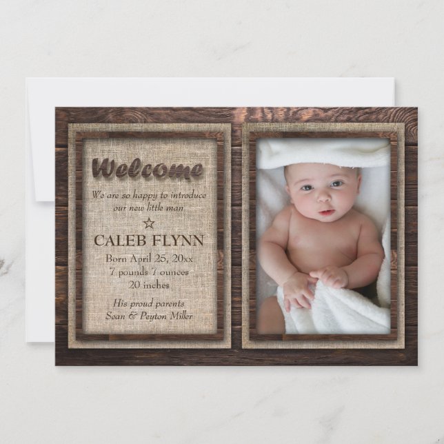 Rustic Baby Boy Custom Photo Birth Announcement (Front)