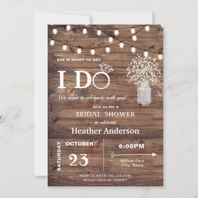 Rustic Baby Breath and String Lights Bridal Shower Invitation (Front)