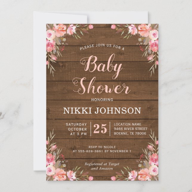 Rustic Baby Girl Shower Country Chic Floral Wood Invitation (Front)