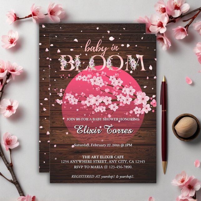 Rustic Baby in Bloom Sakura Cherry Blossom  Invitation (Creator Uploaded)