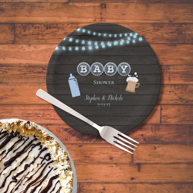 Rustic Baby Is Brewing Blue Baby Shower Paper Plate (Creator Uploaded)