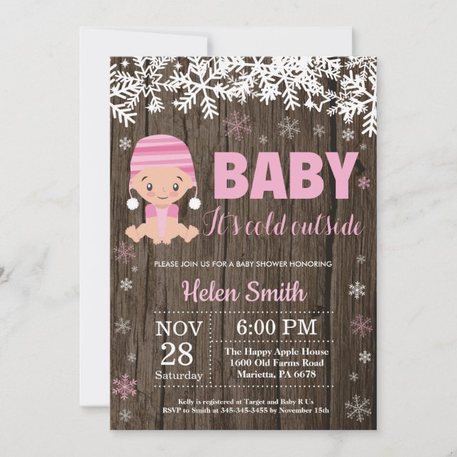 Rustic Baby its Cold Outside Girl Baby Shower Invitation (Front)