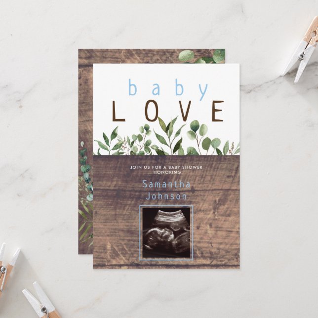 Rustic Baby Love Wood Ultrasound Baby Shower Invit Invitation (Front/Back In Situ)