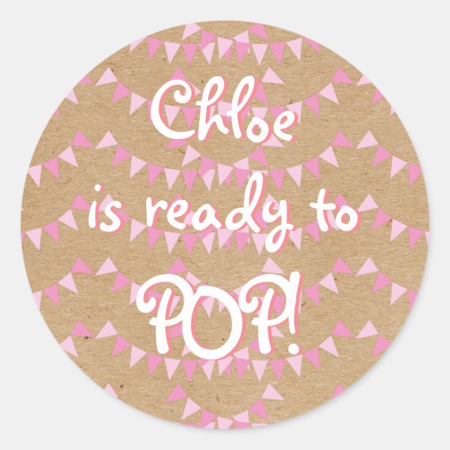 Rustic Baby Pink Bunting Ready to POP! Baby Shower Classic Round Sticker (Front)