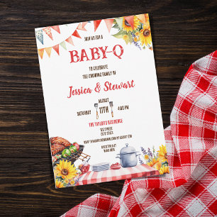 Rustic BABY-Q Barbecue Picnic Sunflower Plaid Invitation