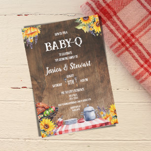 Rustic BABY-Q  Picnic Sunflower Plaid Wood Invitation