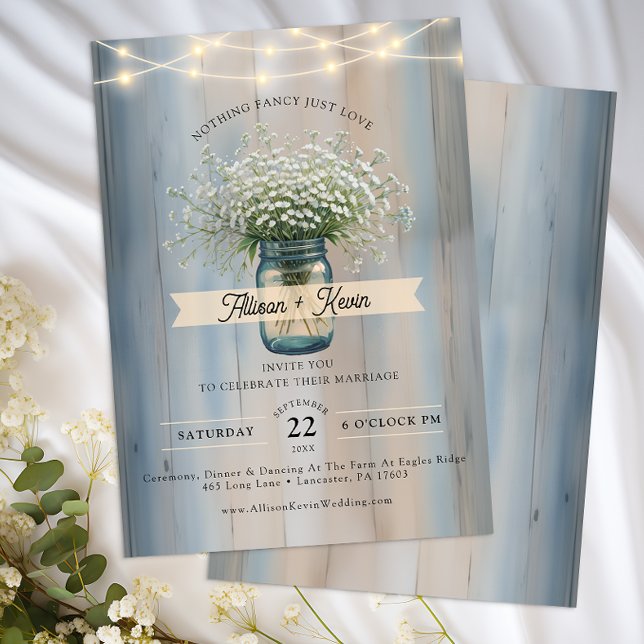 Rustic Baby’s Breath Mason Jar Wedding Invitation (Baby's Breath Wedding Invitation)