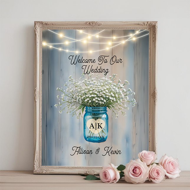 Rustic Baby’s Breath Mason Jar Wedding Poster Sign (Wedding Welcome Sign)