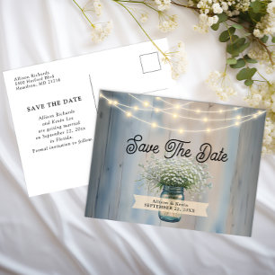 Rustic Baby’s Breath & String Lights Save the Date Postcard