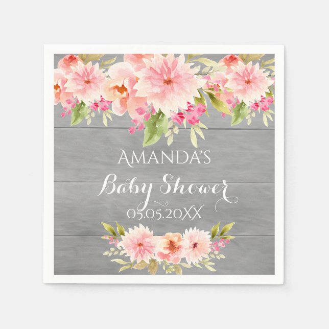 Rustic baby shower coral dahlia flowers grey napkin (Front)