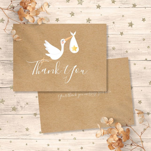 Rustic Baby Shower Gender Neutral Stork Gold Star Thank You Card (Rustic Baby Shower Gender Neutral Stork Gold Star Thank You Card)