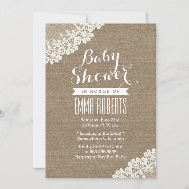 Rustic Baby Shower Vintage White Lace Burlap Invitation (Front)