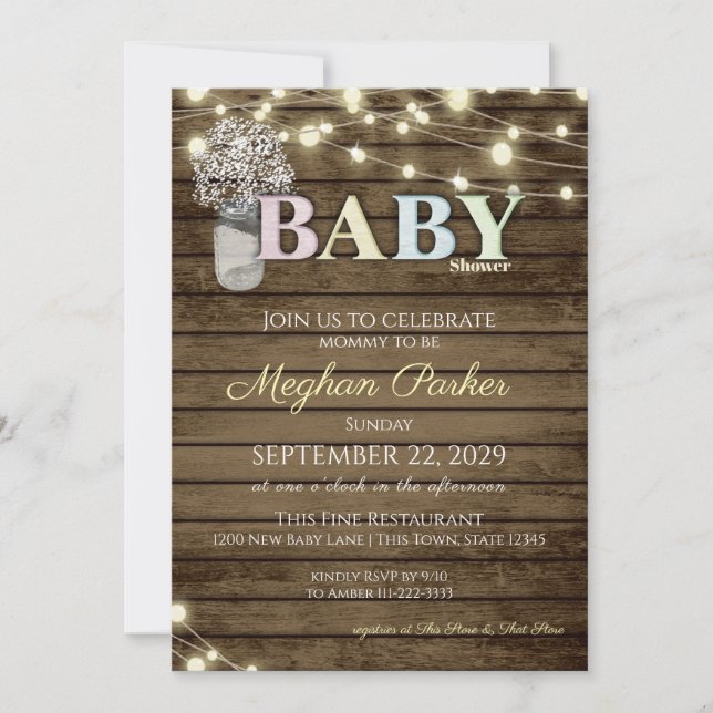 Rustic Baby Shower Wood Letters and Baby's Breath Invitation (Front)