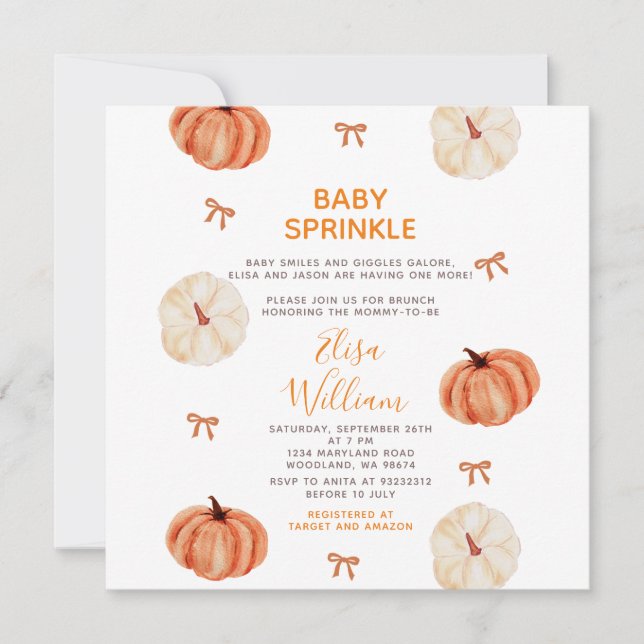 Rustic Baby Sprinkle White Pumpkin Baby Shower Invitation (Front)
