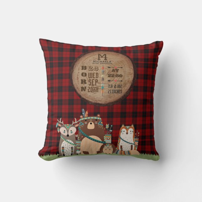 Rustic BABY STATS Lumberjack Woodland Animals Cushion (Front)