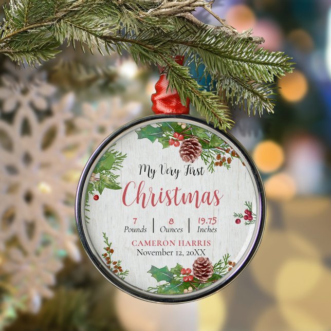 Rustic Baby's 1st Christmas Birth Details  Metal Ornament (Creator Uploaded)