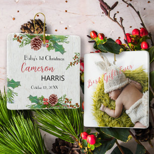 Rustic Baby's 1st Christmas Milestone Photo Ceramic Ornament