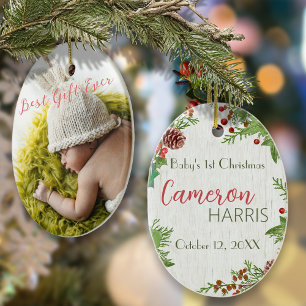 Rustic Baby's 1st Christmas Milestone Photo Ceramic Ornament