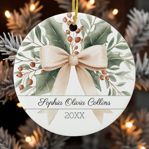 Rustic Baby's 1st Christmas Watercolor Beige Bow Ceramic Ornament