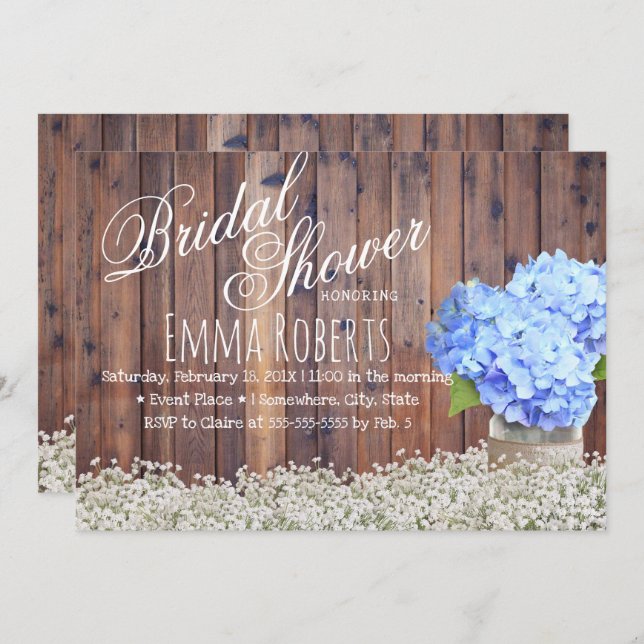 Rustic Baby's Breath Blue Hydrangea Bridal Shower Invitation (Front/Back)