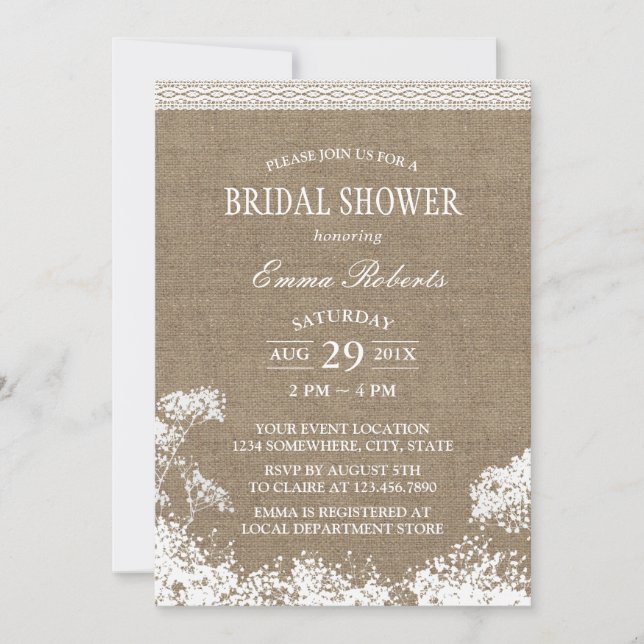 Rustic Baby's Breath Burlap Wedding Bridal Shower Invitation (Front)
