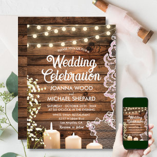 Rustic Baby's Breath Candlelights & Lace Wedding Invitation