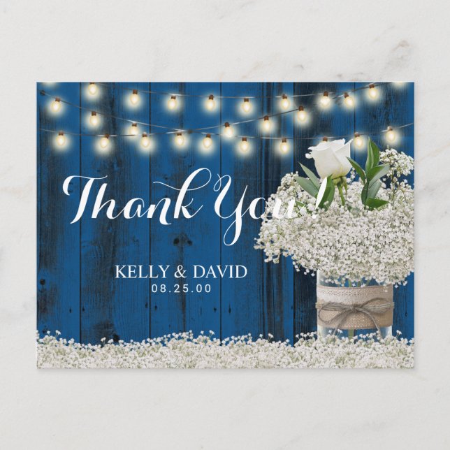 Rustic Babys Breath Floral Jar Navy Barn Thank You Postcard (Front)