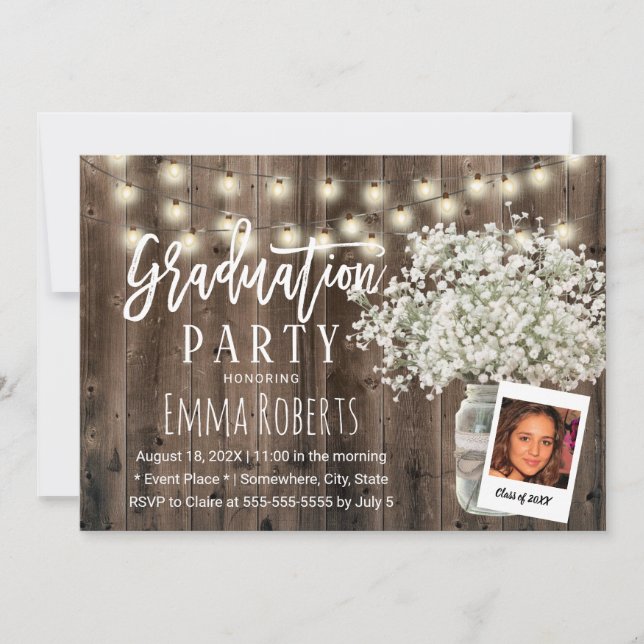 Rustic Baby's Breath Floral Jar Photo Graduation Invitation (Front)