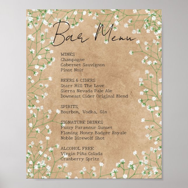 Rustic Baby's Breath Floral Wedding Bar Menu Sign (Front)