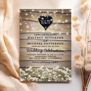 Rustic Baby's Breath Heart Twinkle Lights Wedding Invitation