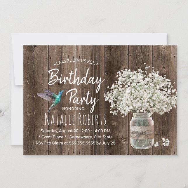 Rustic Baby's Breath Jar & Hummingbird Birthday Invitation (Front)