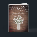 Rustic Baby's Breath Lights Mason Jar Birthday Card<br><div class="desc">This design features dainty watercolor baby's breath flowers in a mason jar vase on a rustic wood background with string lights. Click the customise button for more flexibility in modifying the text or moving the graphics! Variations of this design as well as coordinating products are available in our shop, zazzle.com/doodlelulu*....</div>