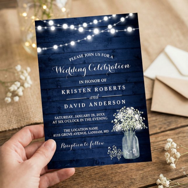 Rustic Baby's Breath Lights Navy Blue Wedding Invitation (Creator Uploaded)