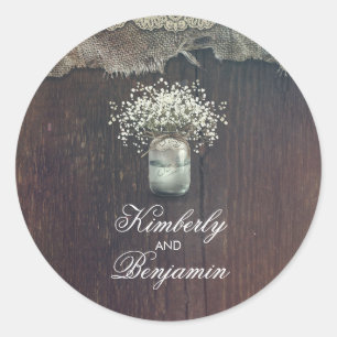 Rustic Baby's Breath Mason Jar Barn Wedding Classic Round Sticker